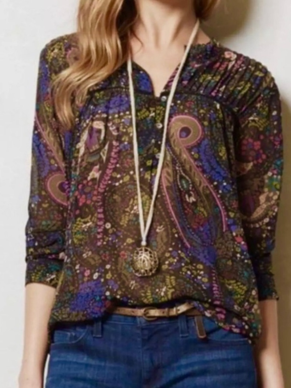 Anthropologie Dolan Odessa Peasant Blouse Black Floral Paisley Sheer Boho M
